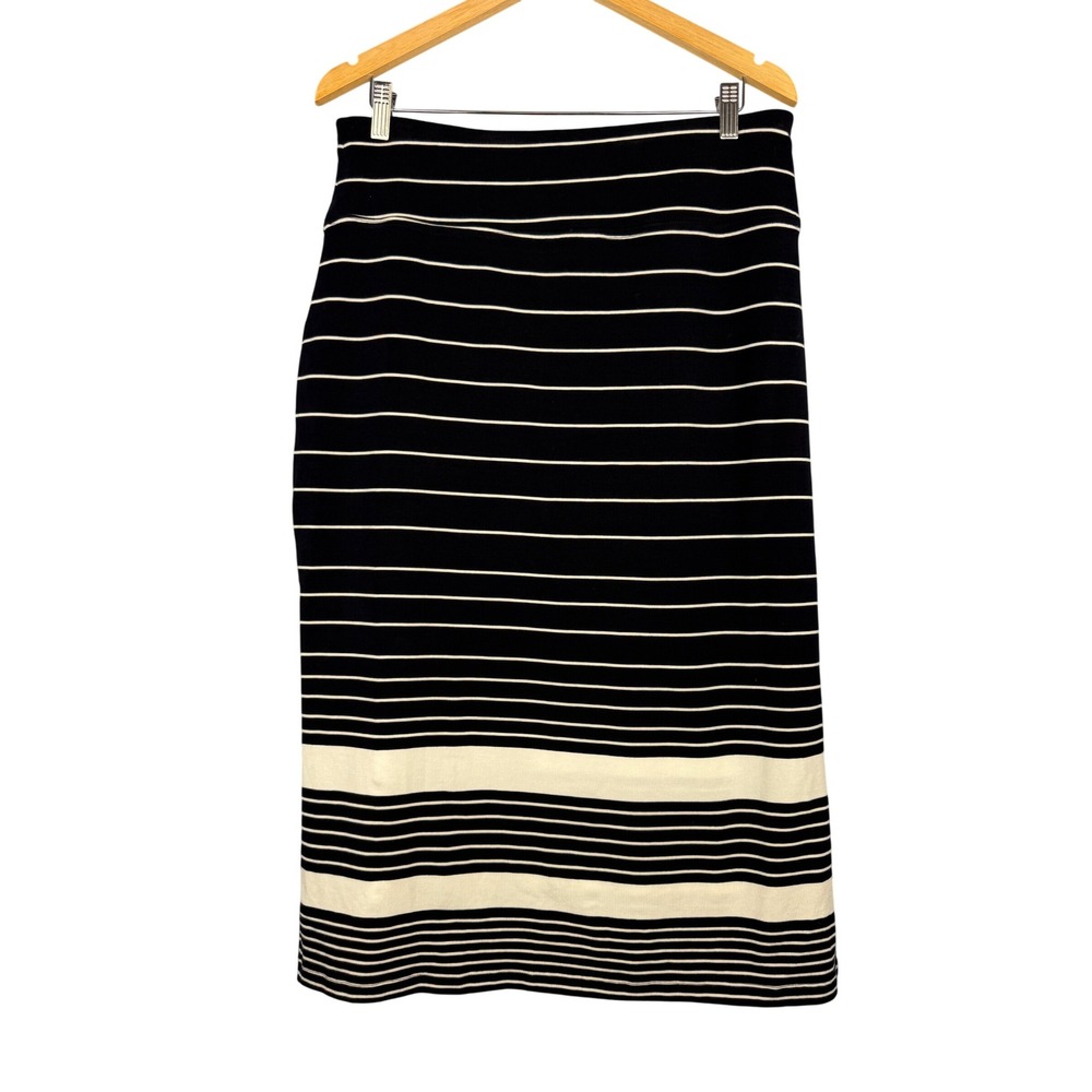 Athleta Coastline Stripe Midi Skirt Size L Black White Knit Stretch Side Vent